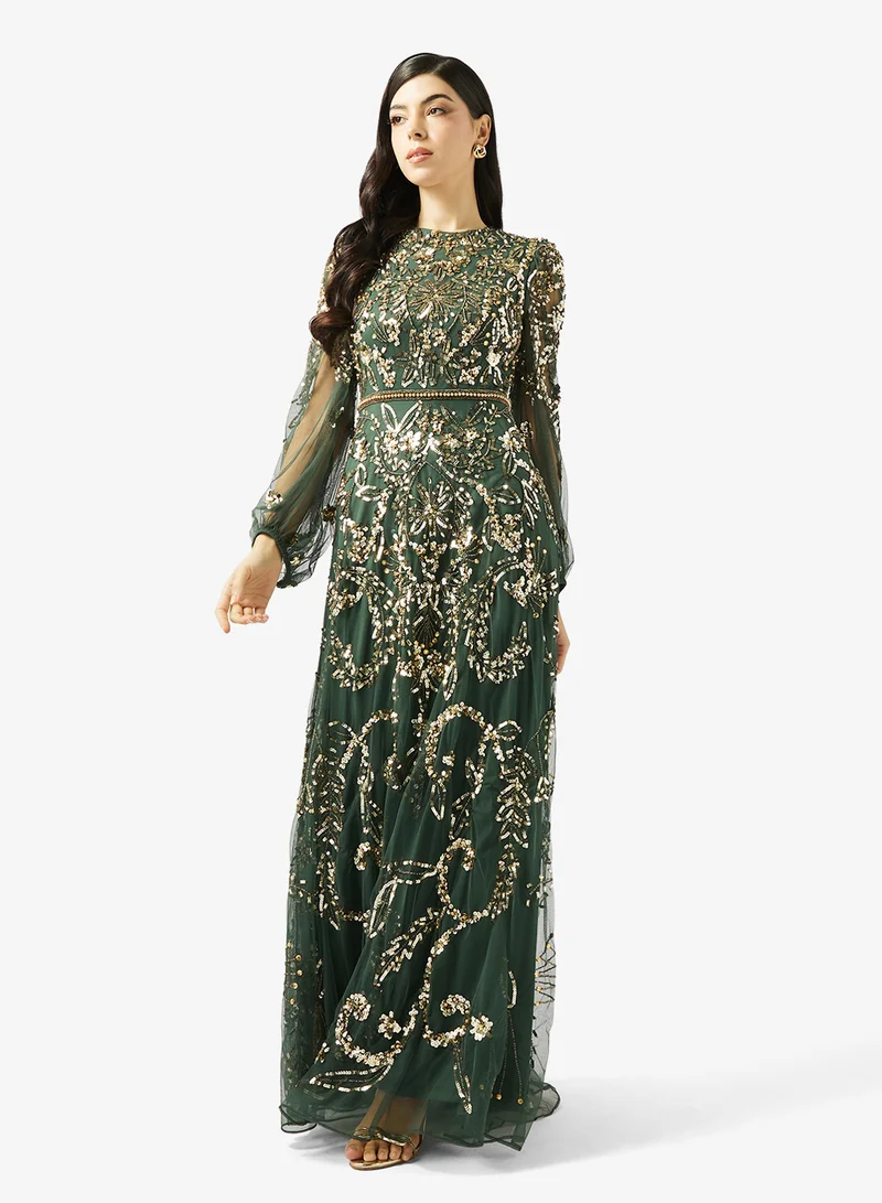Frock and Frill Embellished Puff Sleeve Maxi Dress